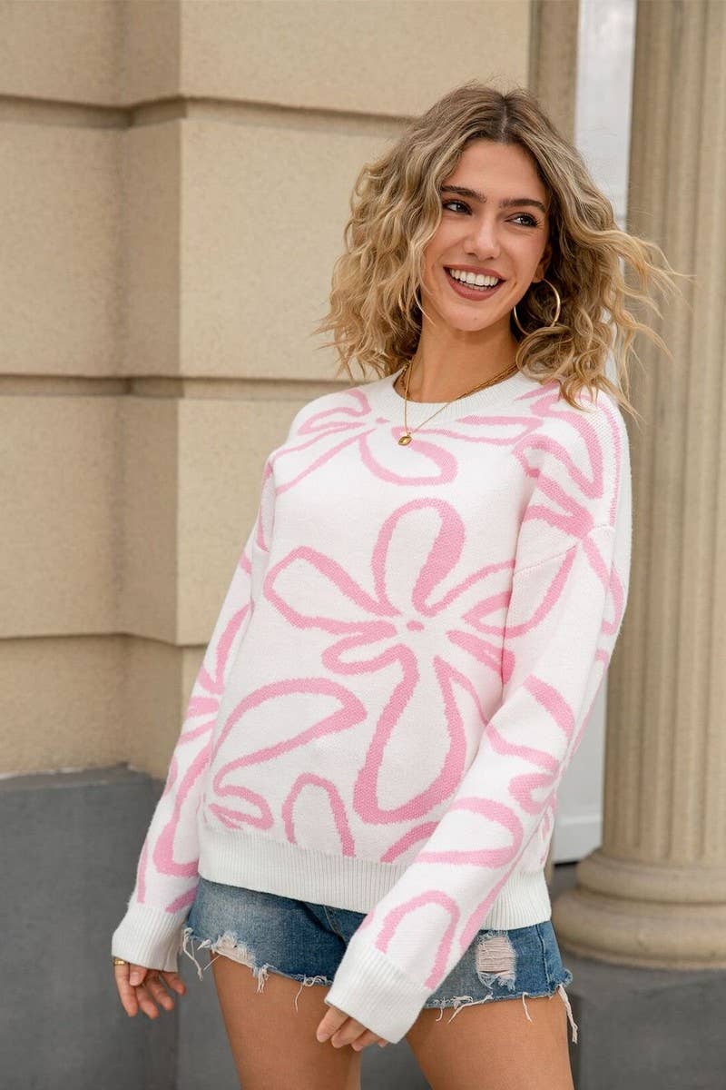 CWOSWL07602_FLORAL COLORBLOCK CREWNECK LOOSE KNIT SWEATER