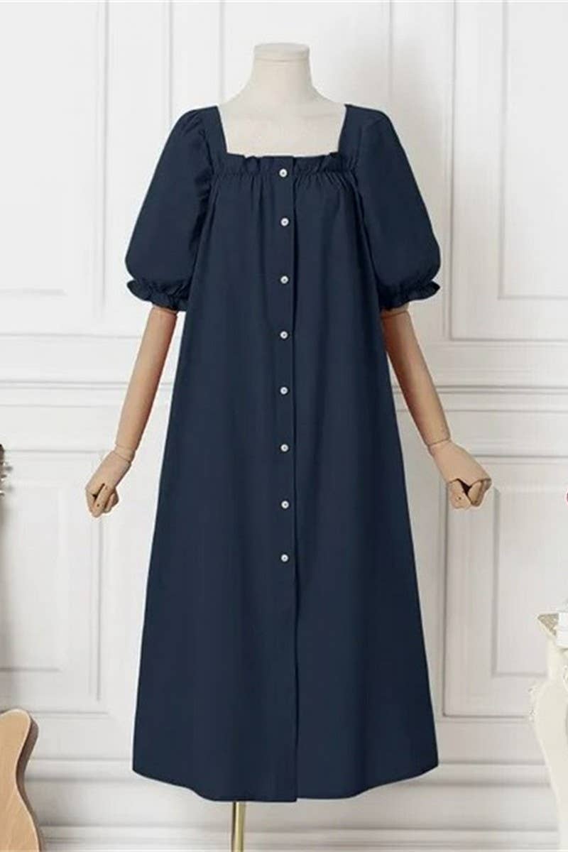 CWDMD3167_SQUARE NECK PUFF SLEEVE BUTTON PLEATED DRESS
