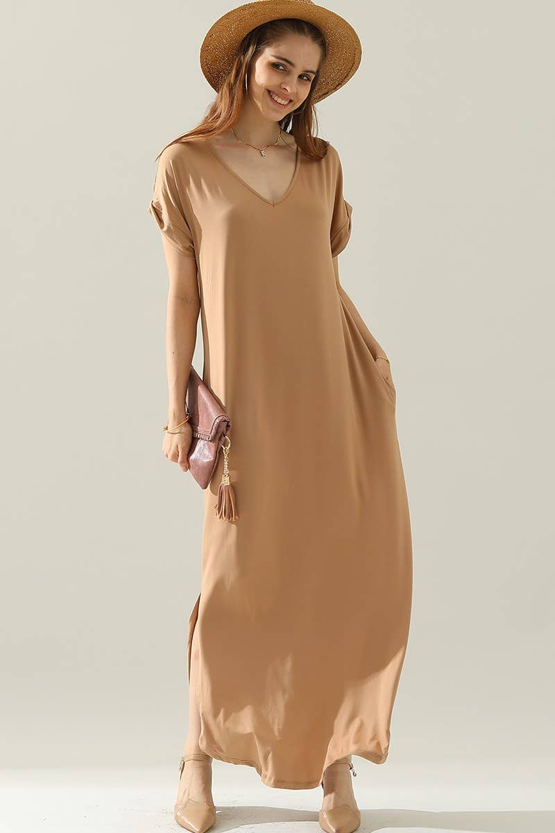 CWDMD820_SHORT SLEEVE V-NECK MAXI DRESS WITH SIDE SLIT