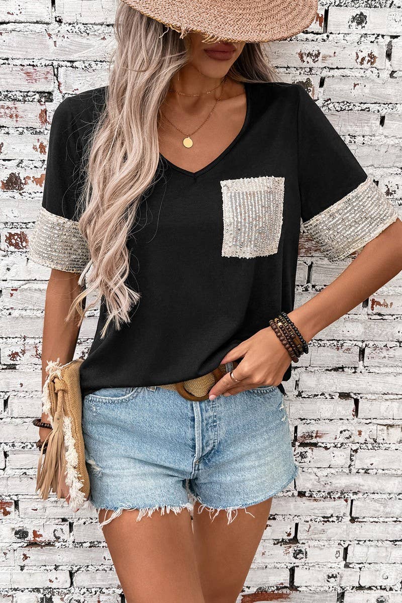 CWTBLS1993_CASUAL BLACK & WHITE COLORBLOCK SEQUIN T-SHIRT