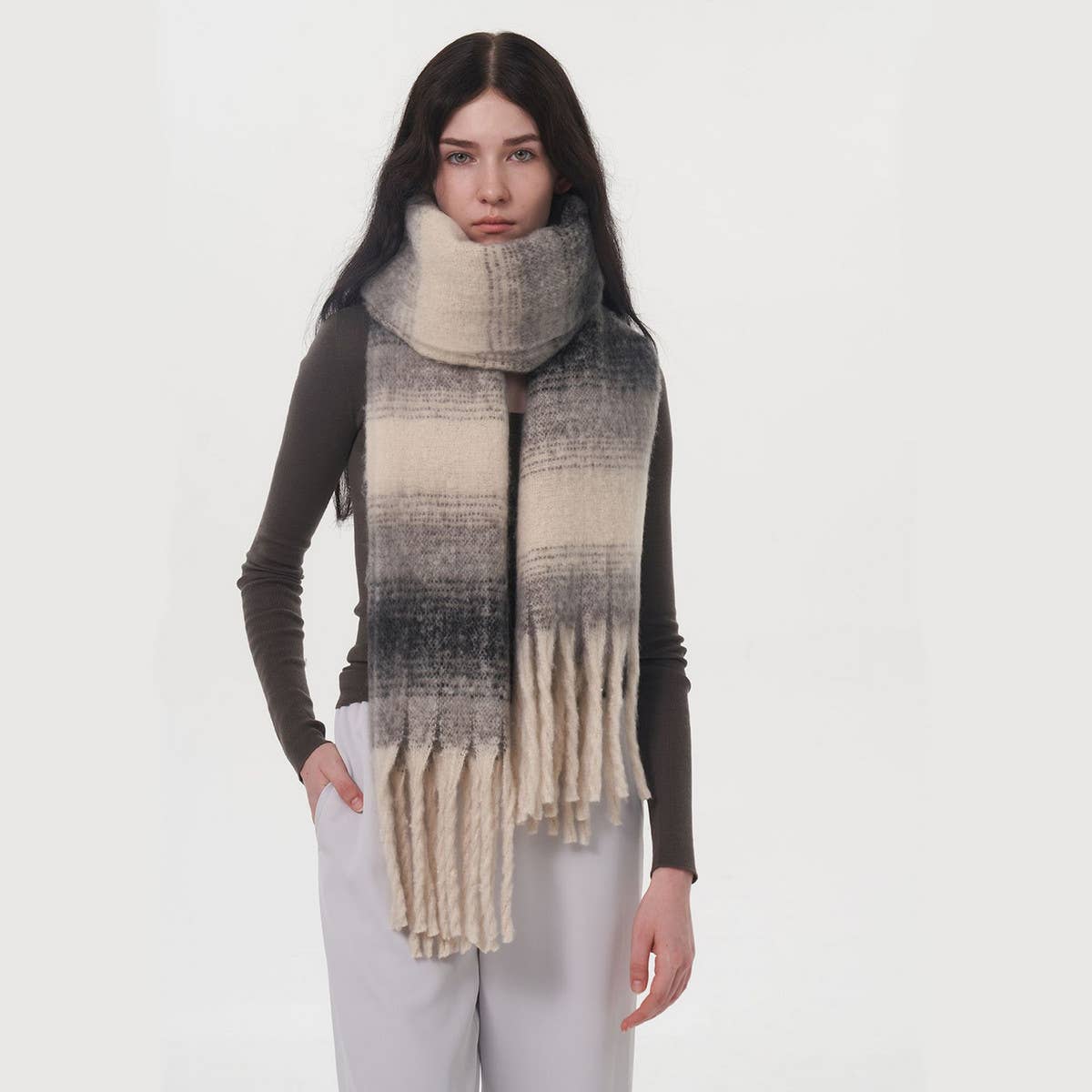 Plaid Stripe Scarf ??Wide Faux Cashmere Wrap_CWASC0333