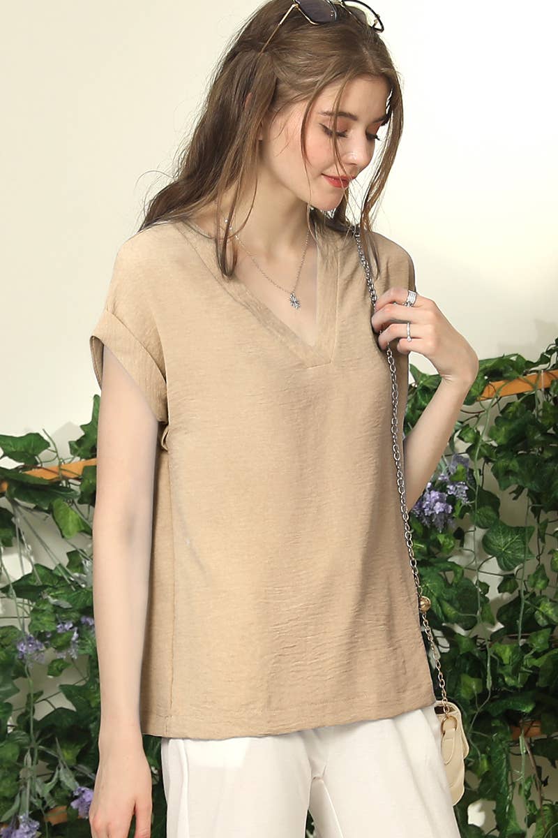 CWTBLS190-P_V-NECK TRIM ROLLED SHORT SLEEVE SHIRTS  BLOUSE T