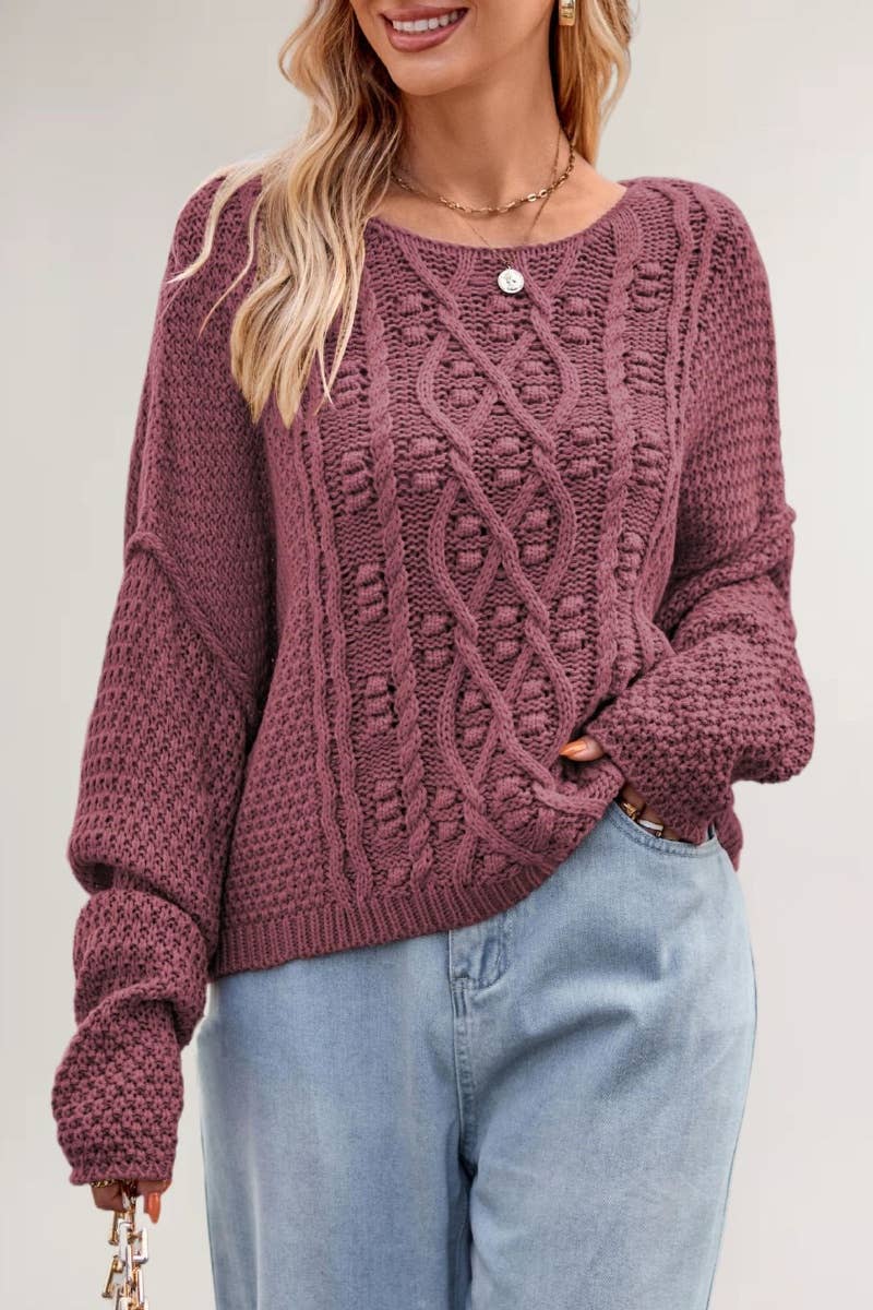 CWOSWL5791_AUTUMN WINTER CREW NECK LONG SLEEVE TWIST SWEATER
