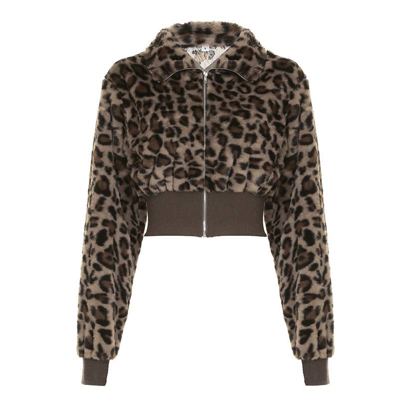 CROPPED WAIST FUR PATCHWORK LEOPARD PRINT JACKET