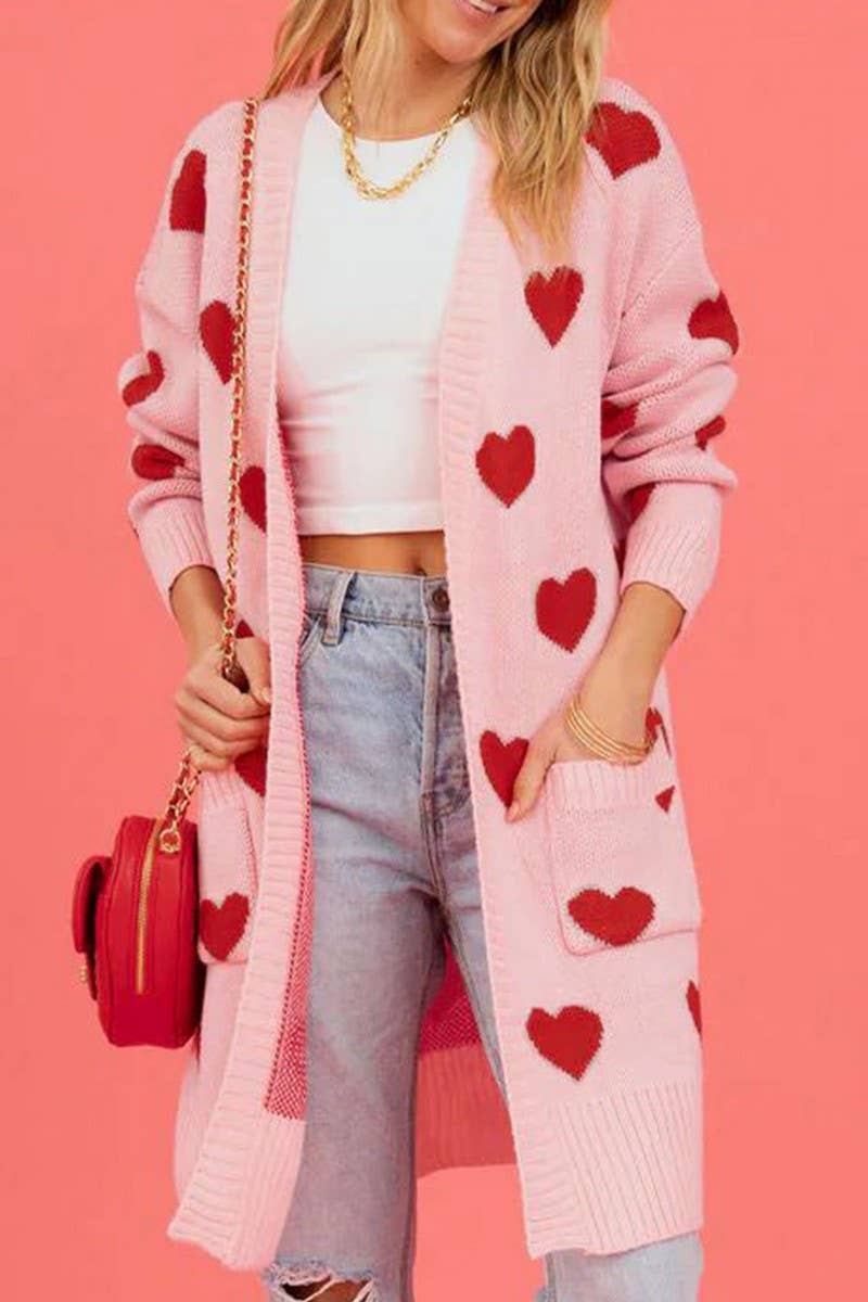 CWOCAL00831_BUTTONLESS HEART PATTERN MIDI KNIT CARDIGAN