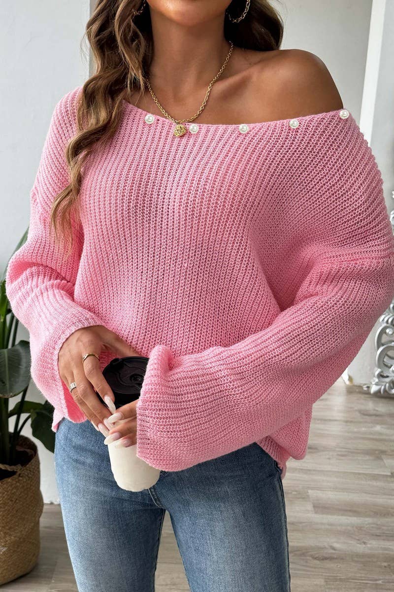 CWOSWL07405_WOMEN OFF SHOULDER BELL SLEEVE SWEATER