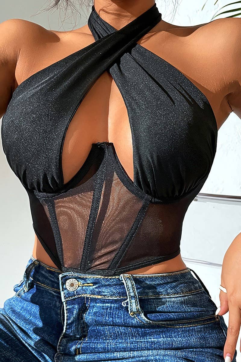 CWTHT0179_LACE HALTERNECK LACE-UP UNDERWIRED VEST