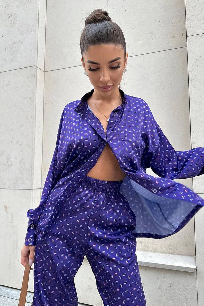 CWSPJ0329_SATIN PRINTED SHIRT PAJAMAS TWO-PIECE SET