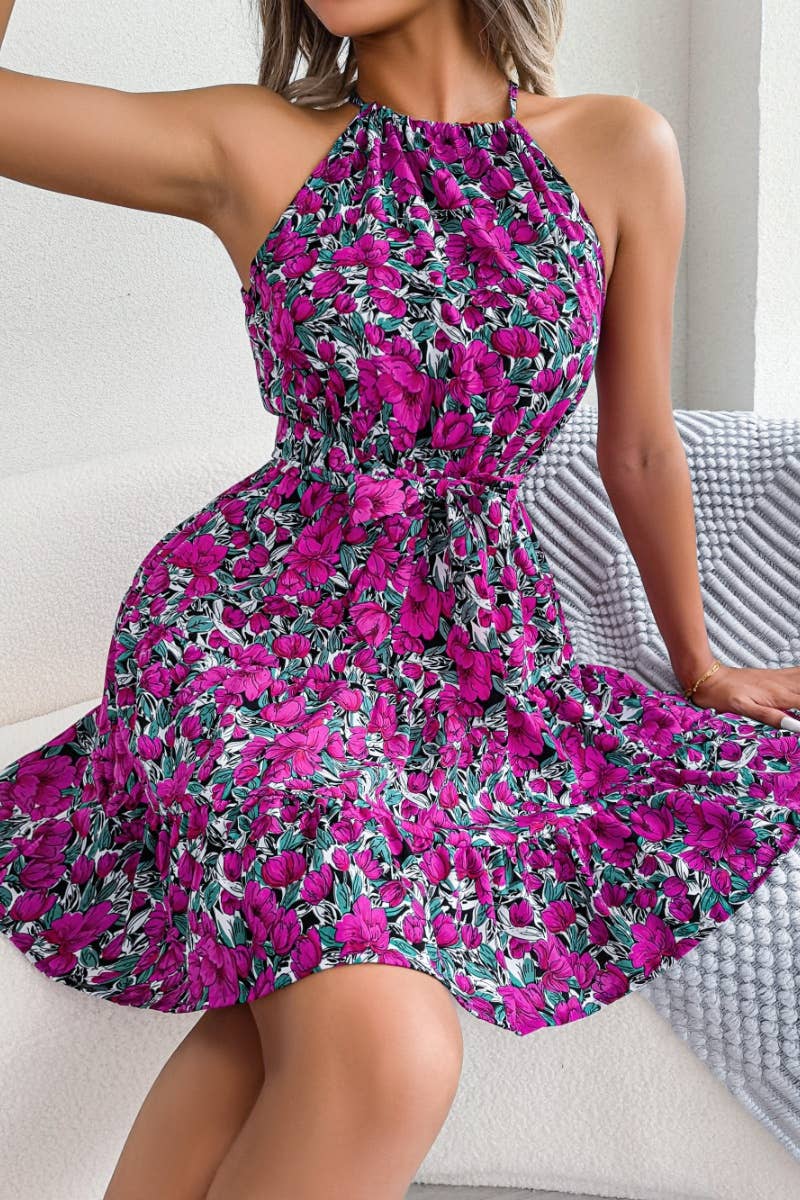 CWDSD4681_SUMMER CASUAL RUFFLED FLORAL SWING DRESS SHORT