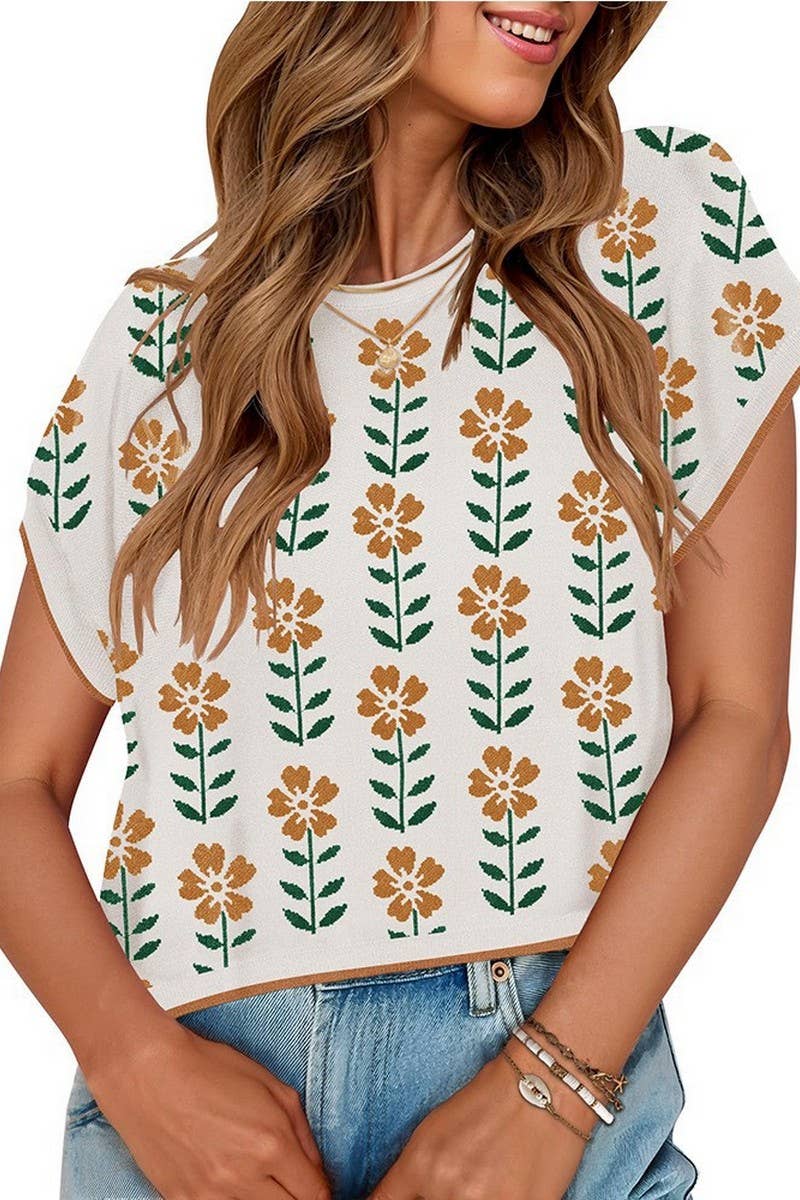 CWTBLS1714_NAVEL-BARING COLOR-BLOCK KNITTED FLOWER SWEATER