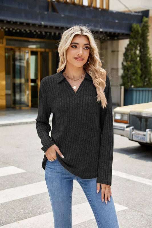 CWTBLL2329_SOLID COLOR LAPEL POCKET LONG SLEEVE LOOSE TOP