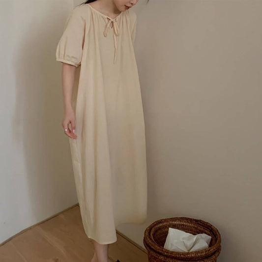 COTTON LACE DESIGN PUFFY SLEEVE DRESS