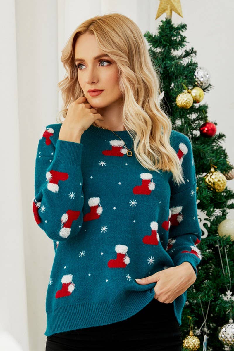 CWOSWL2495_SANTA HAT CREWNECK CHRISTMAS SWEATER