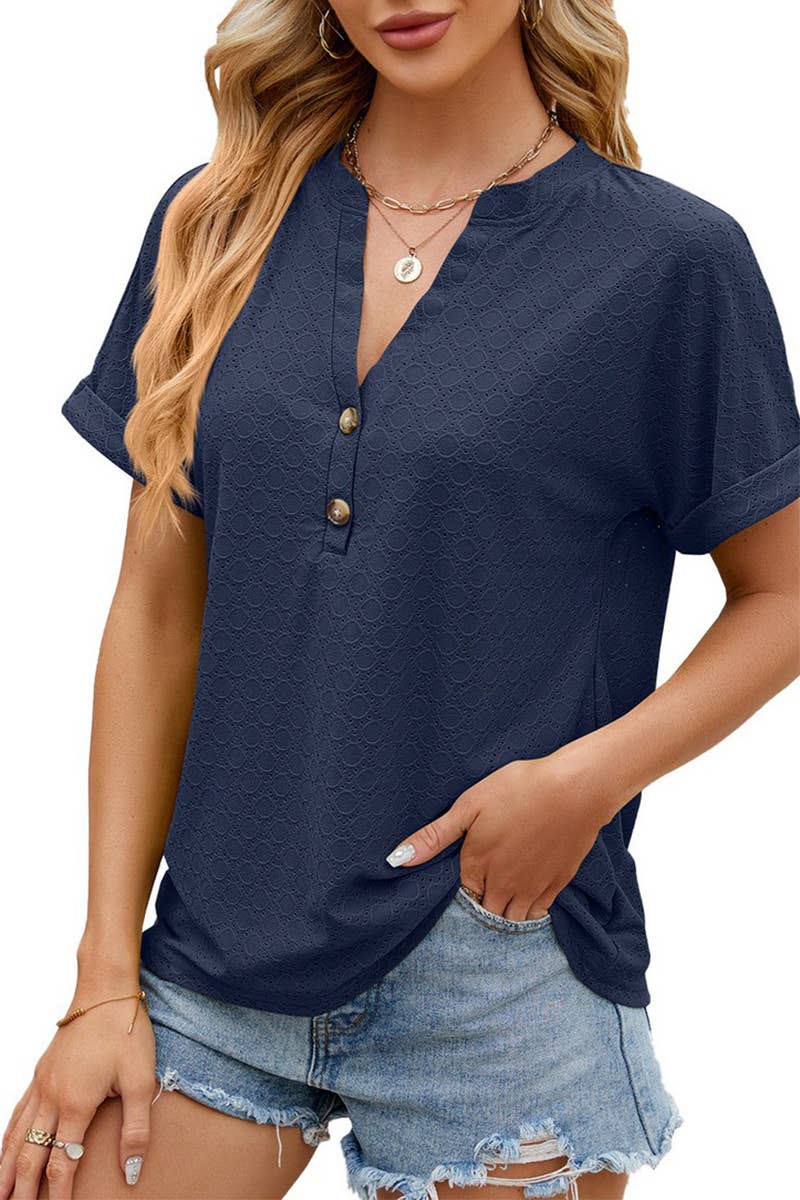 CWTTS1349_SUMMER NEW V-NECK BUTTON SHORT-SLEEVED T-SHIRT