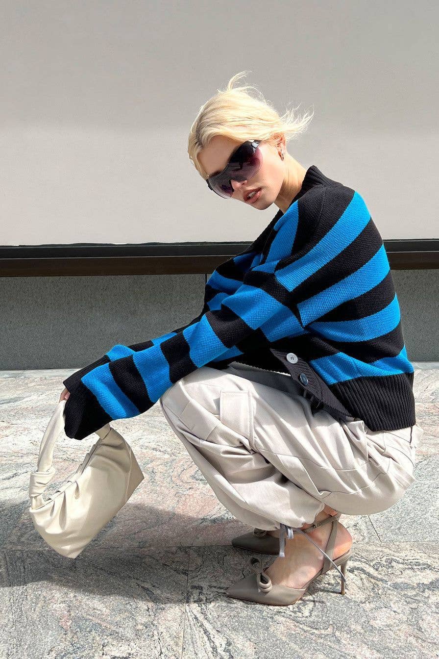 COLOR CONTRAST V-NECK DESIGN SENSE KNIT CARDIGAN