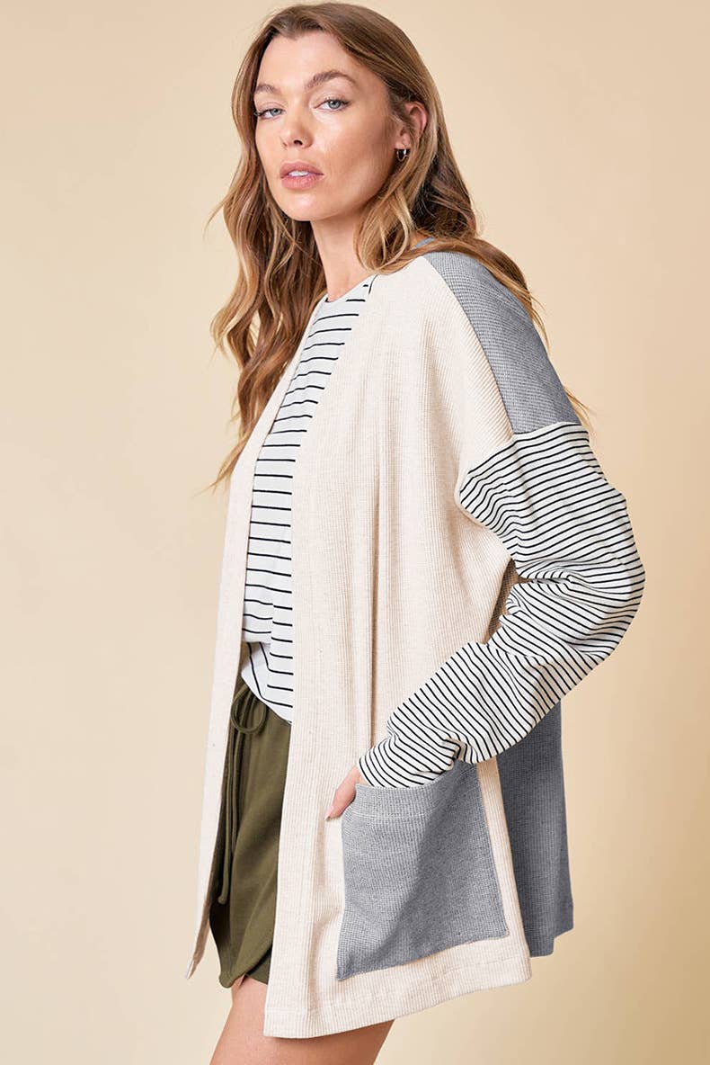 CASUAL STYLE MATCHING STRIPE BUTTON-DOWN CARDIGAN