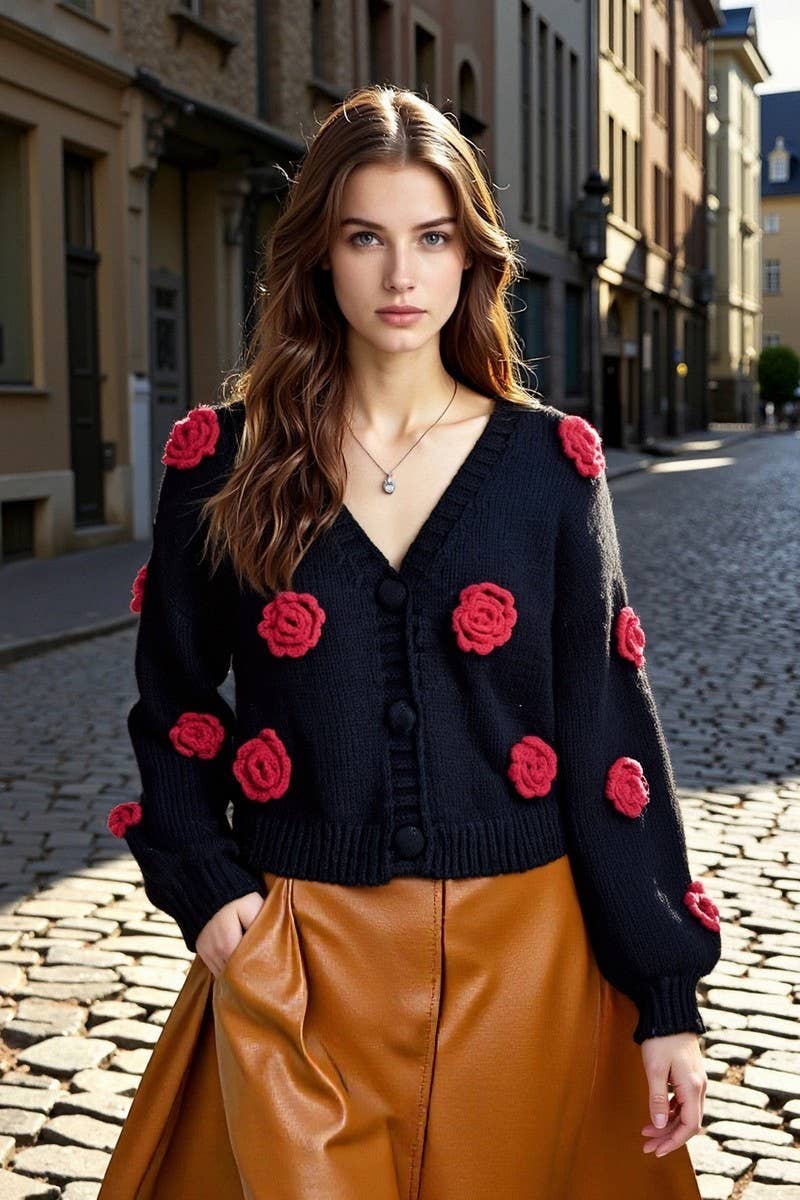 CWOCAL2357_3D FLORAL KNIT V-NECK BUTTON CARDIGAN