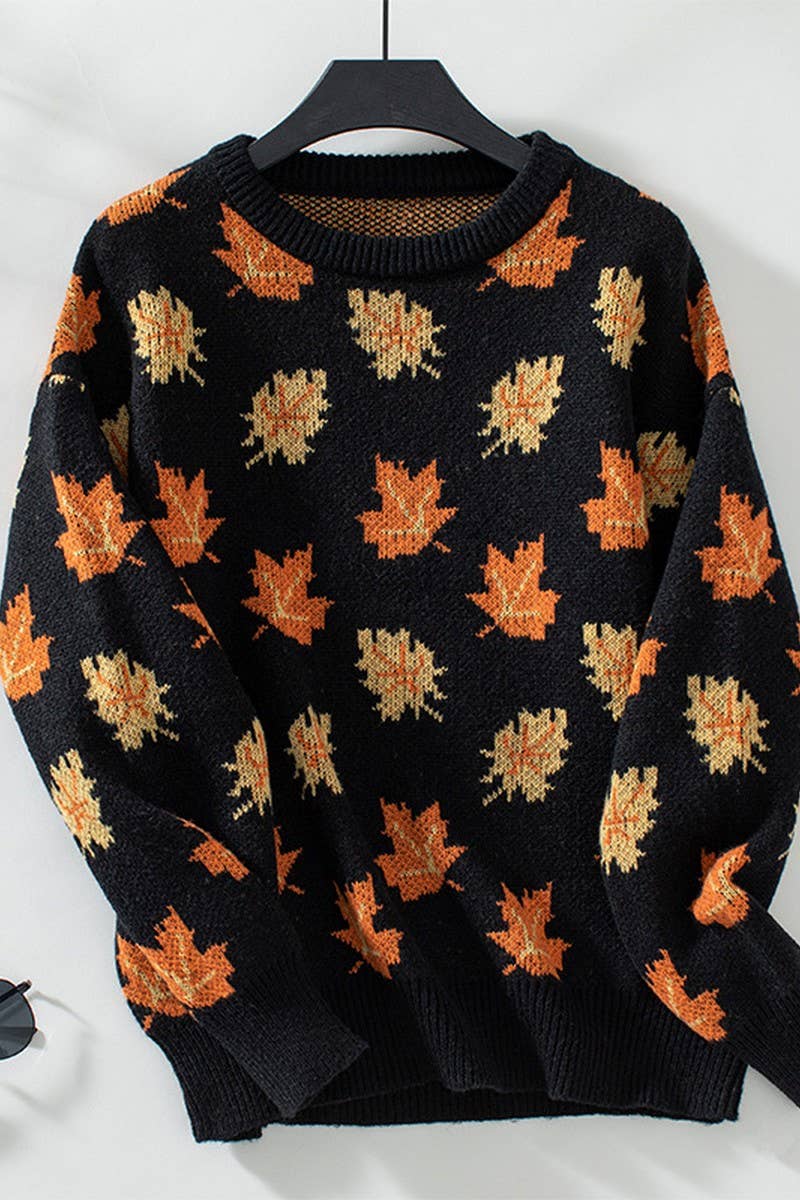 CWOSWL2808_MAPLE LEAF JACQUARD CASUAL PULLOVER KNIT TOP