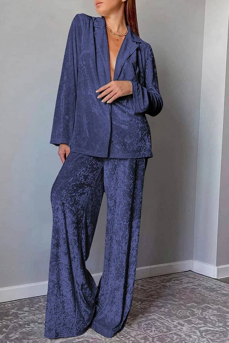 CWSPJ0086_SOLID COLOR LONG SLEEVED SHIRT PANTS PPAJAMAS SET