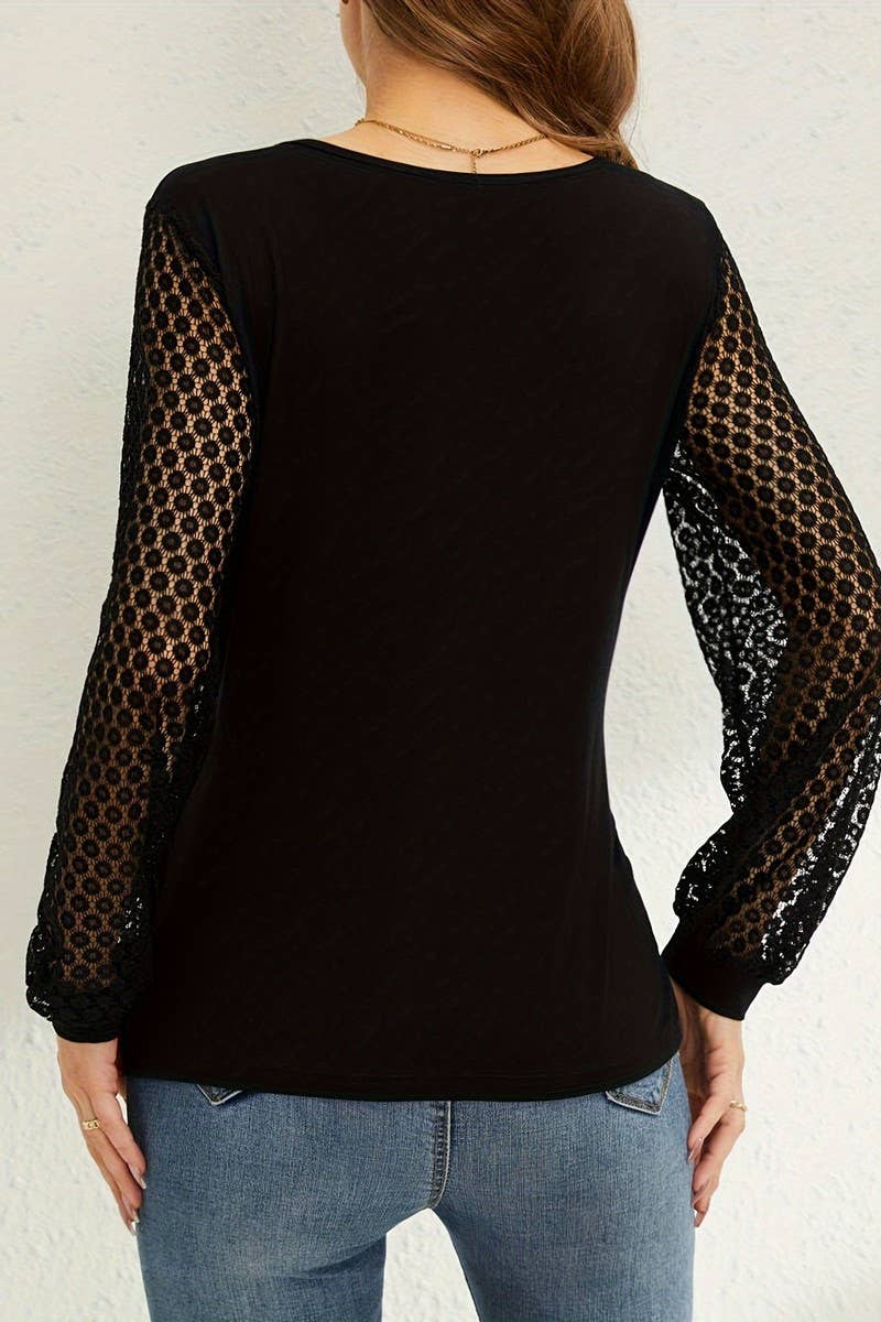 CWTBLL3909_SOLID FRENCH LACE PATCHWORK LANTERN SLEEVE TOP