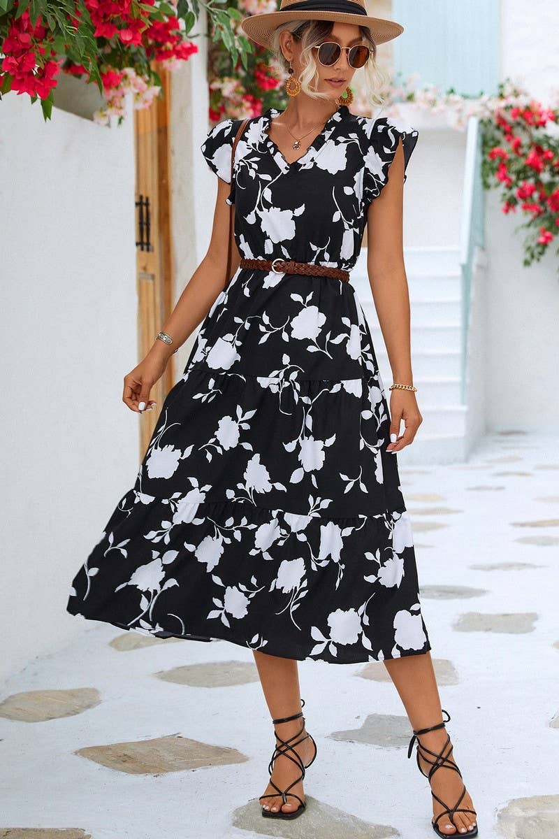 CWDMD2806_V-NECK PRINTED FLYING SLEEVE MIDI DRESS