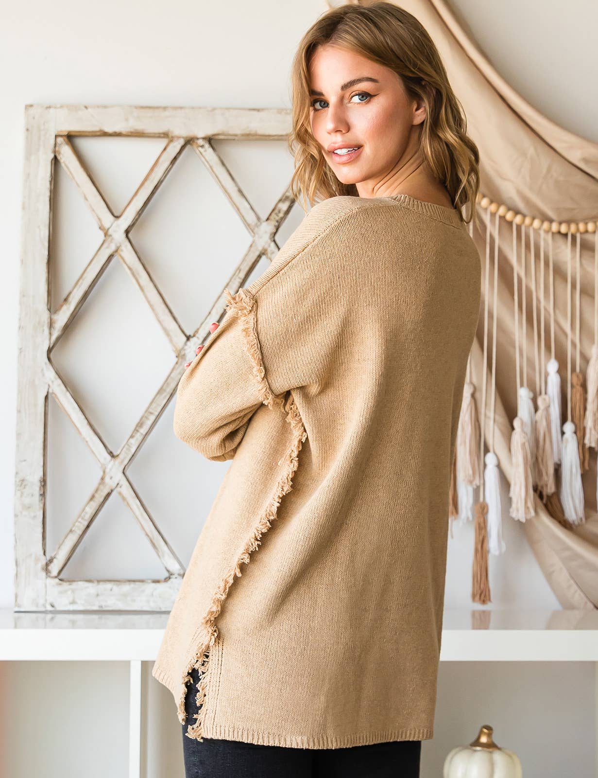 CWOSWL1832_BUTTON DOWN FRINGE SHOULDER SWEATER KNIT TOP