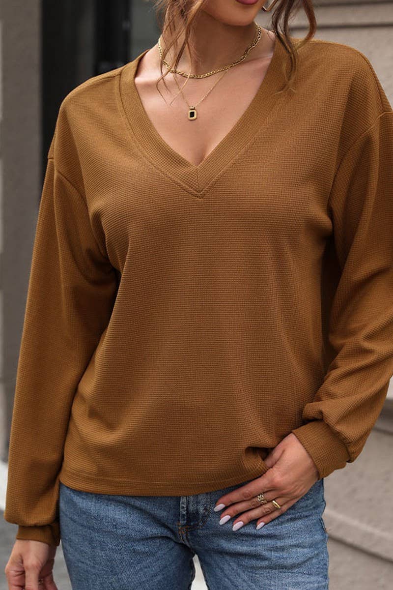 CWTBLL1243_WAFFLE V-NECK LONG-SLEEVED T-SHIRT