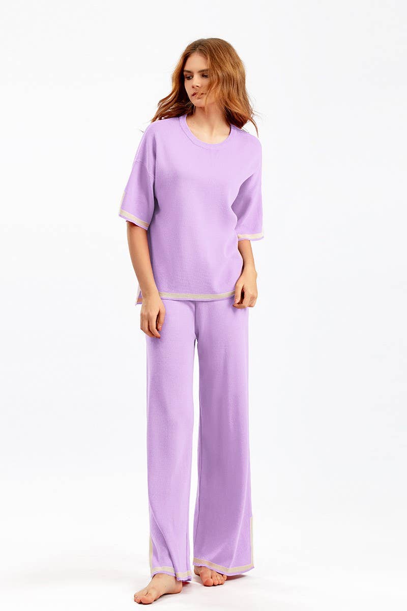 CWSTB00422_COLORBLOCK KNIT TOP & HIGH WAIST WIDE LEG SET