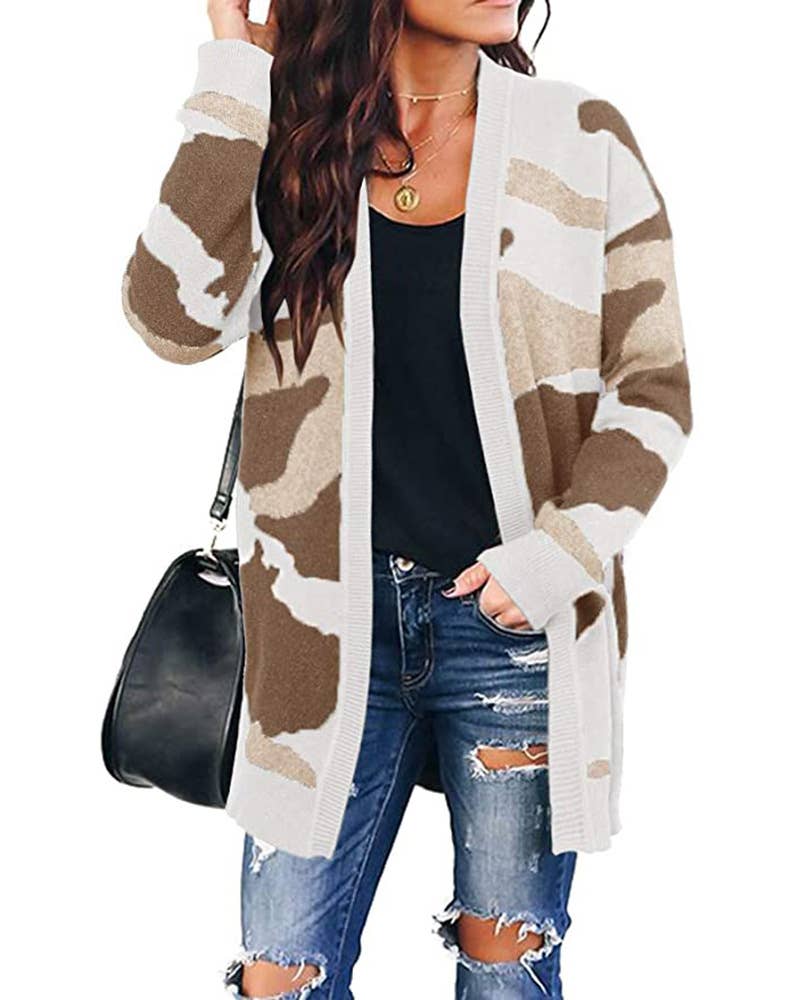 CAMOUFLAGE PRINT MID-LENGTH UNBUTTONED CARDIGAN