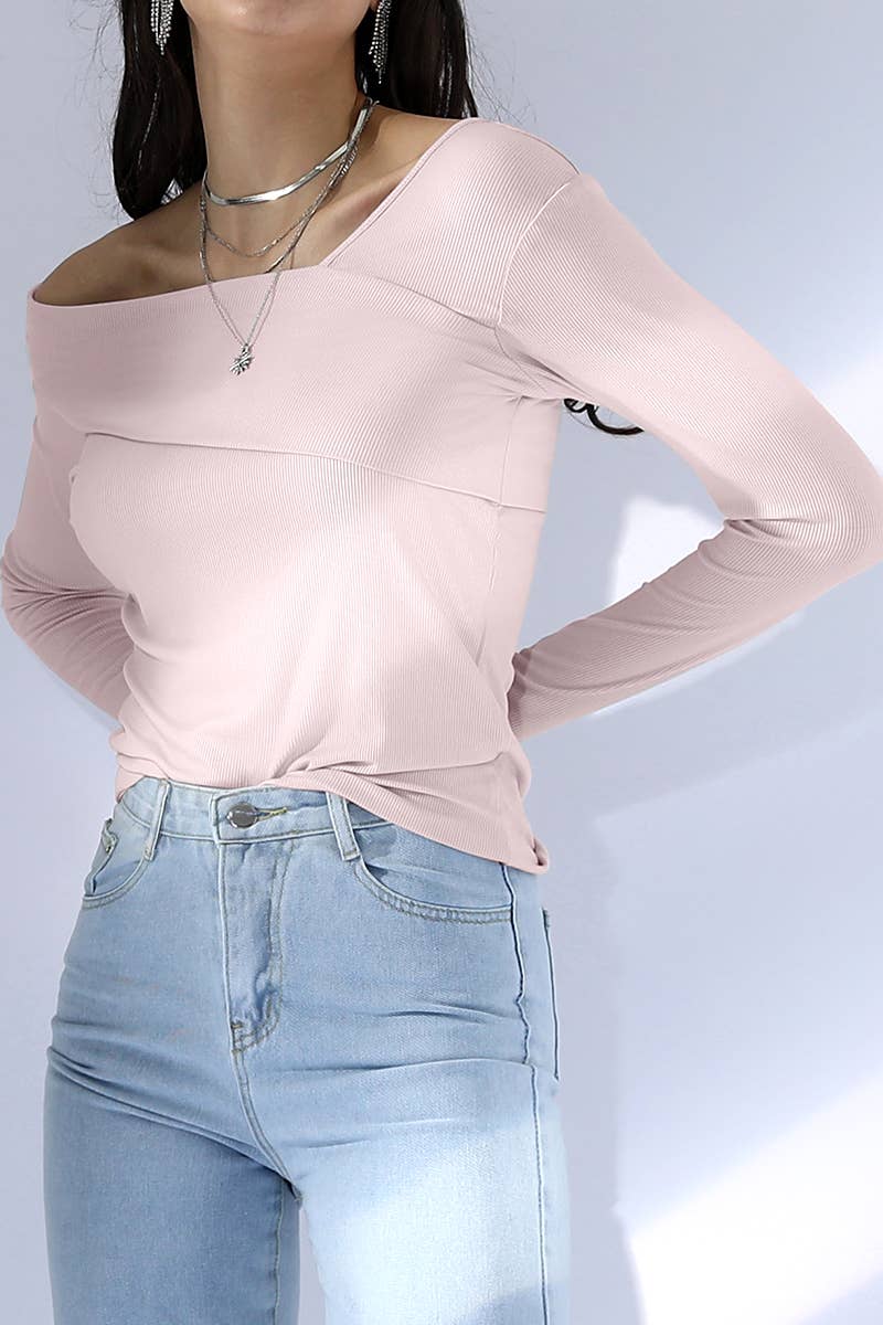 CWTTL1499_ONE SHOULDER LONG SLEEVE 2 LAYER T SHIRT TOP