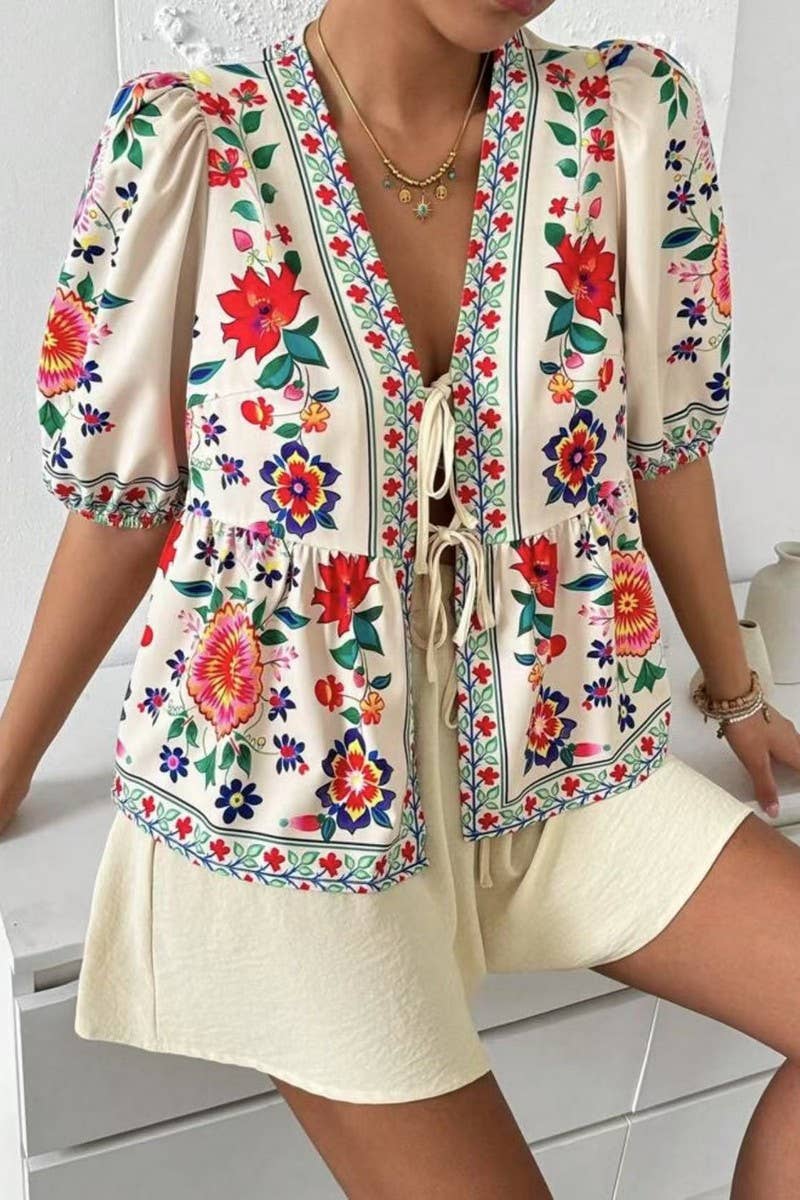 CWSTB2003_FLORAL TIE-FRONT KIMONO TOP & SHORTS SET