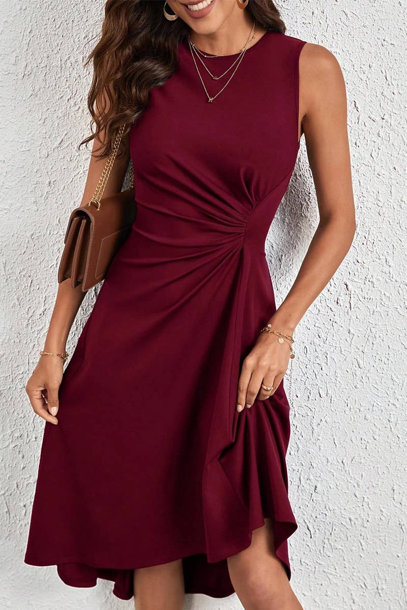 CWDSD7523_SUMMER FASHION SOLID COLOR CRUMPLED DRESS