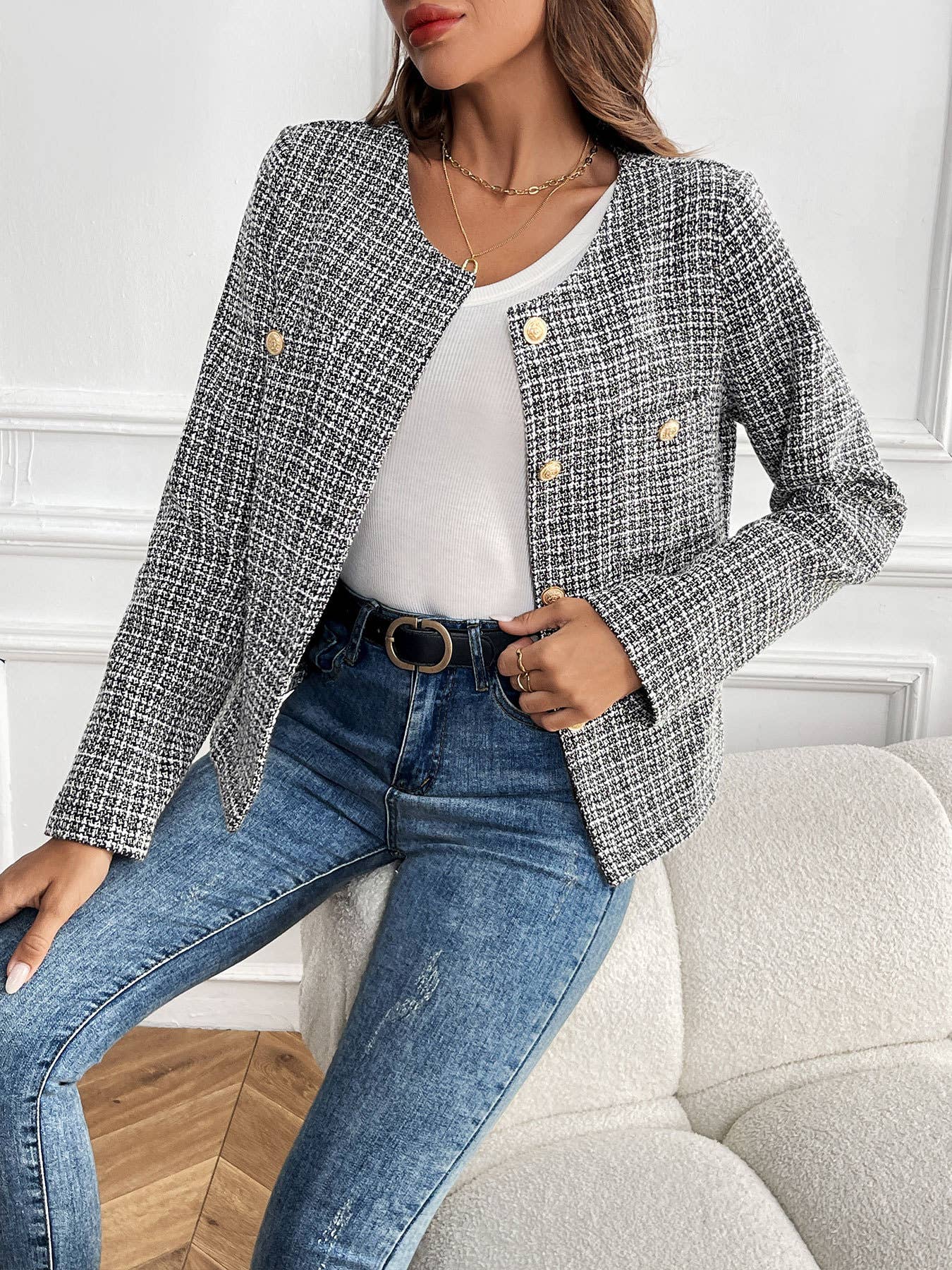 DESIGN SENSE PLAID SINGLE-BREASTED CARDIGAN
