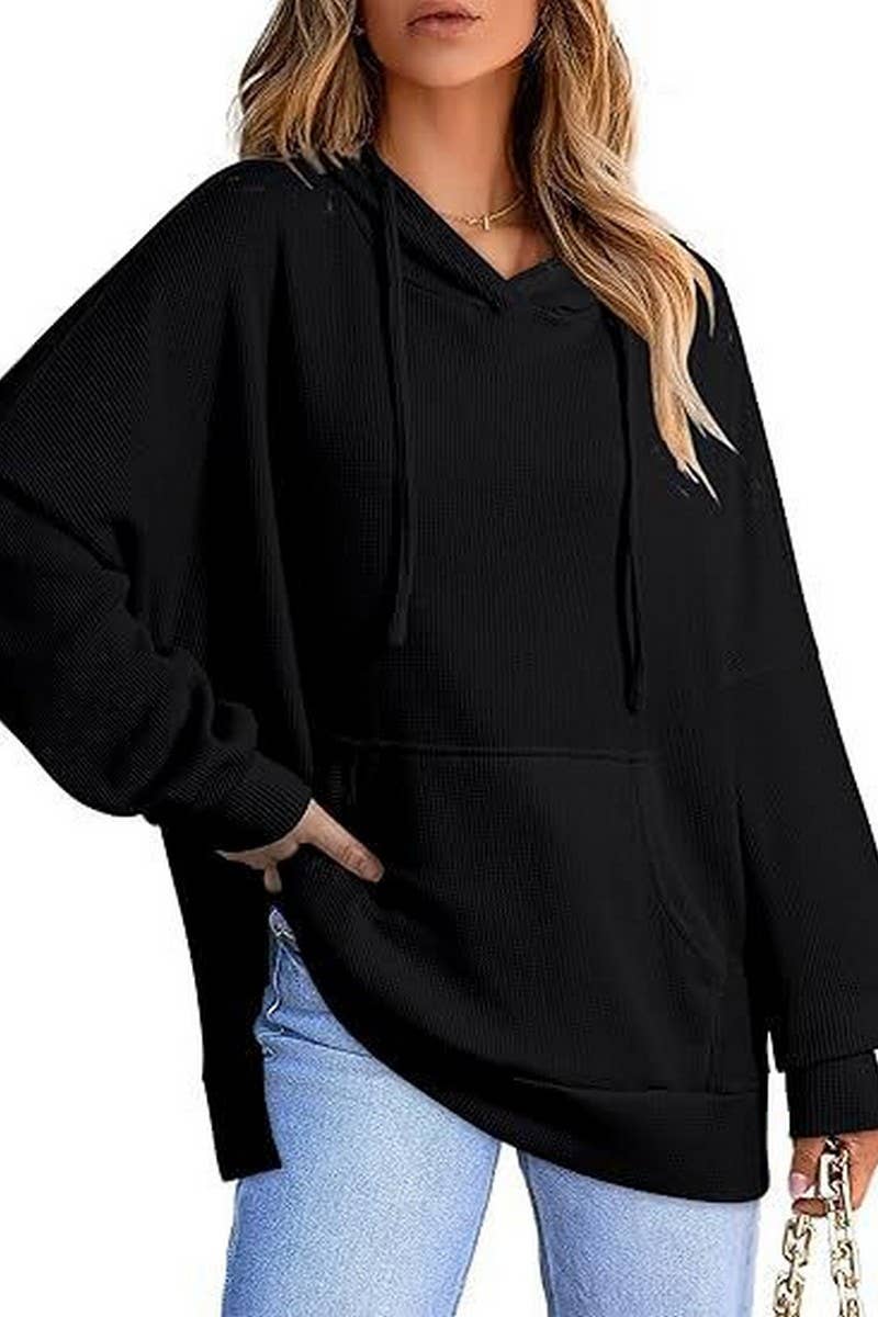 CWOHOL00633_RELAXED WAFFLE KNIT SIDE SLIT HOODED PULLOVER