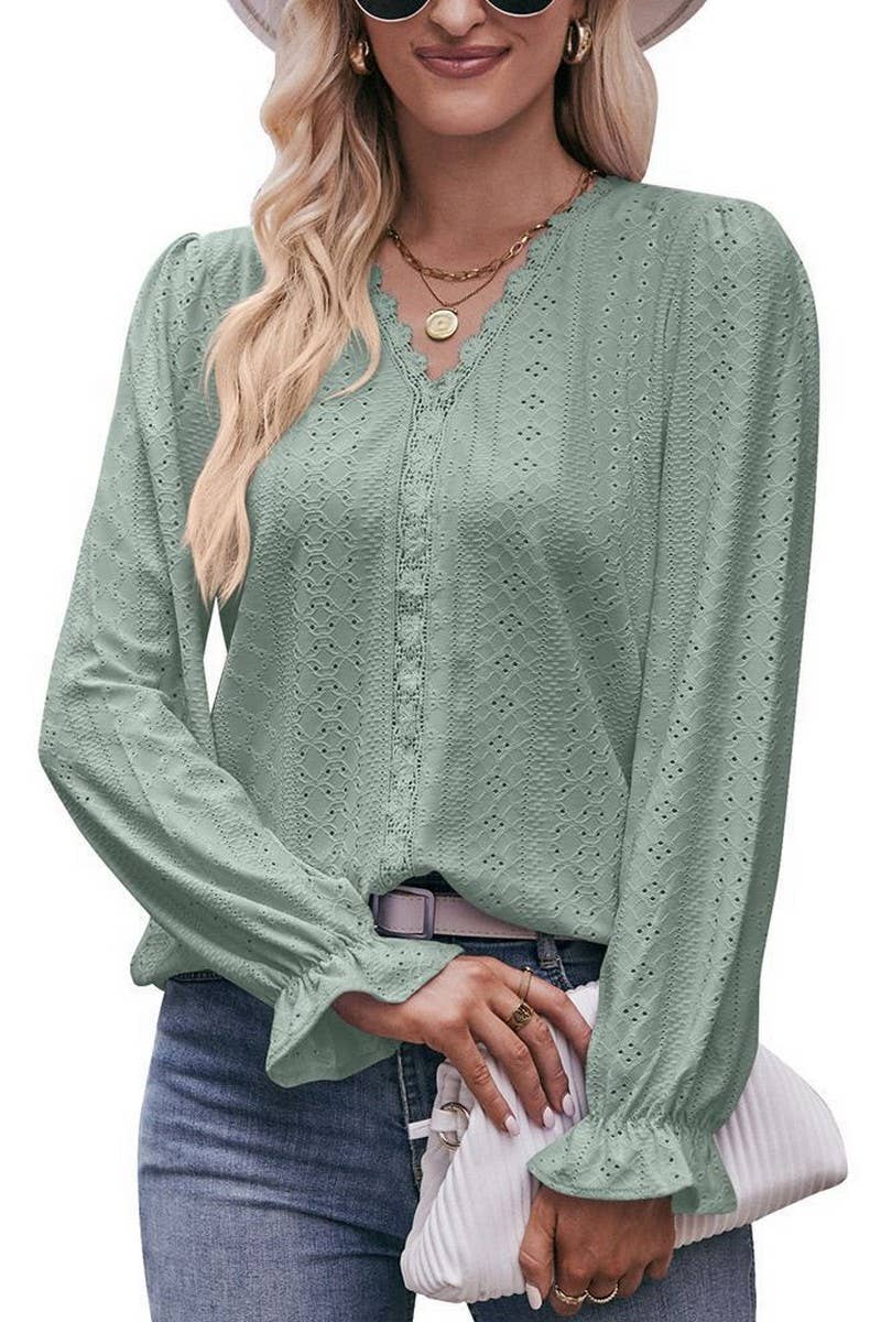CWTBLL3761_SOLID COLOR RIPPED LACE V-NECK LONG-SLEEVED T-SHI