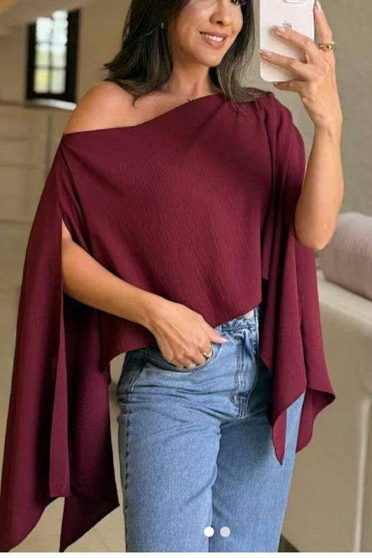 CWTBLSL0898_OFF SHOULDER LOOSE BATWING SLEEVE SOLID TOP