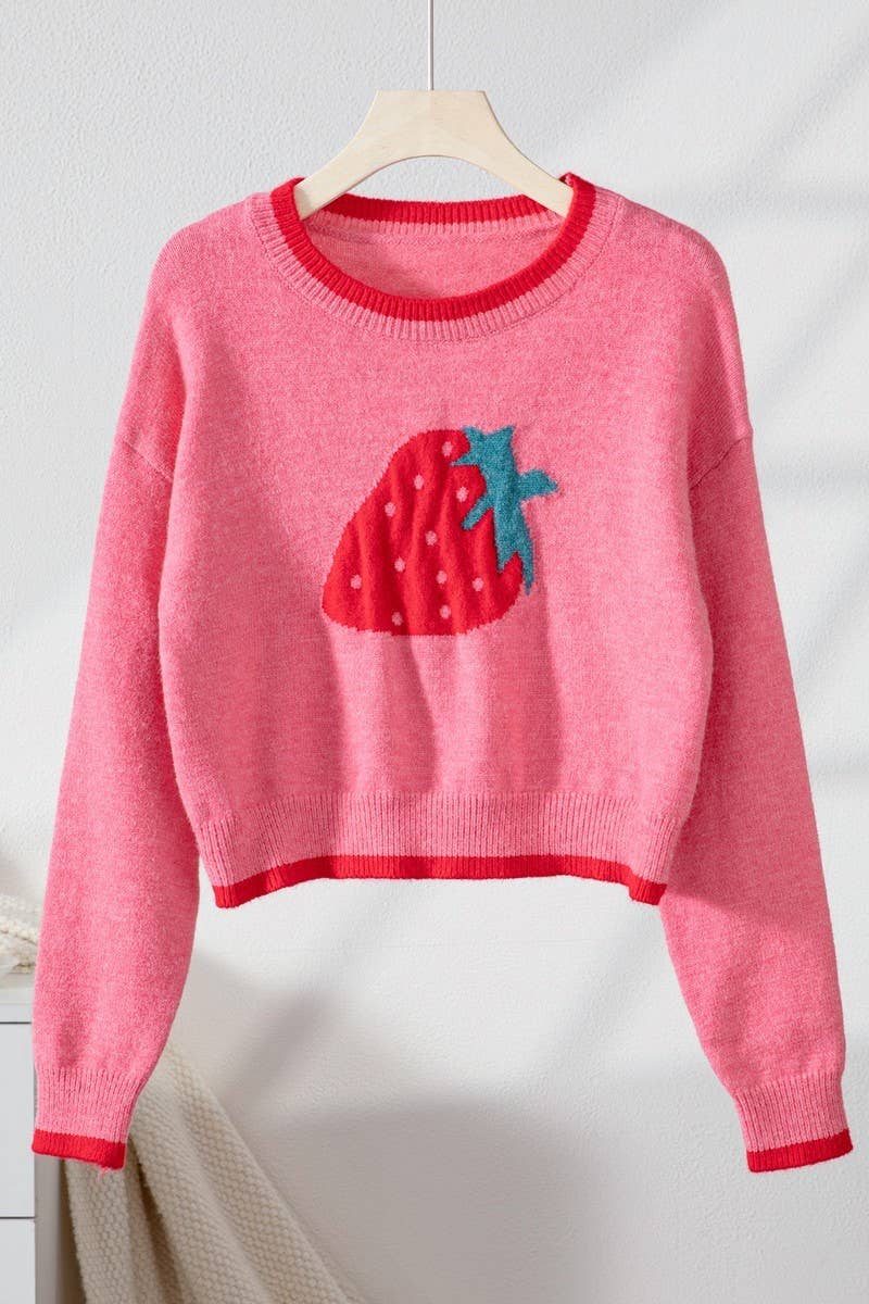 CWOSWL6958_SHORT STRAWBERRY PATTERN LONG SLEEVE KNIT SWEATER