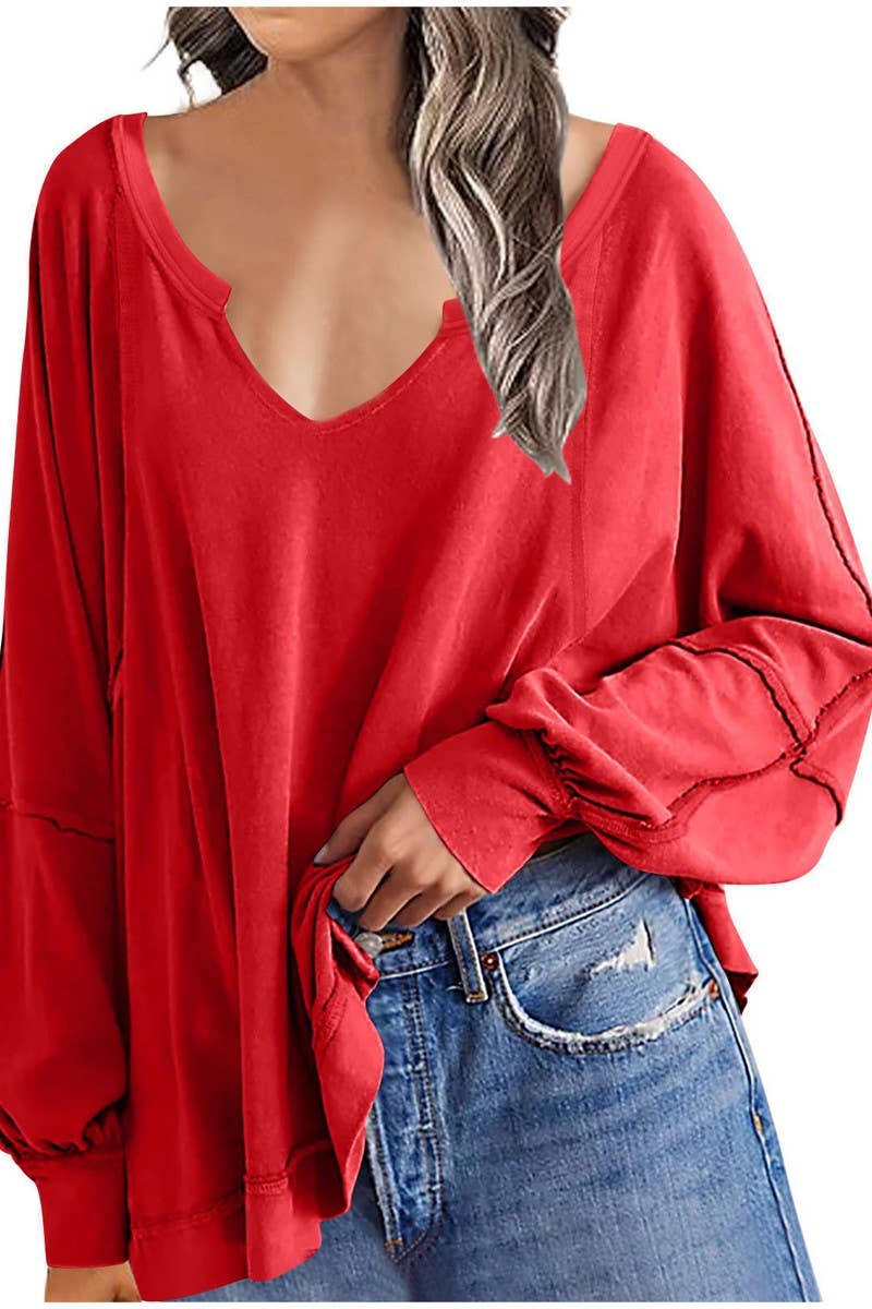 CWTBLL3940_LOOSE SOLID V-NECK ASYMMETRICAL LONG SLEEVE TEE