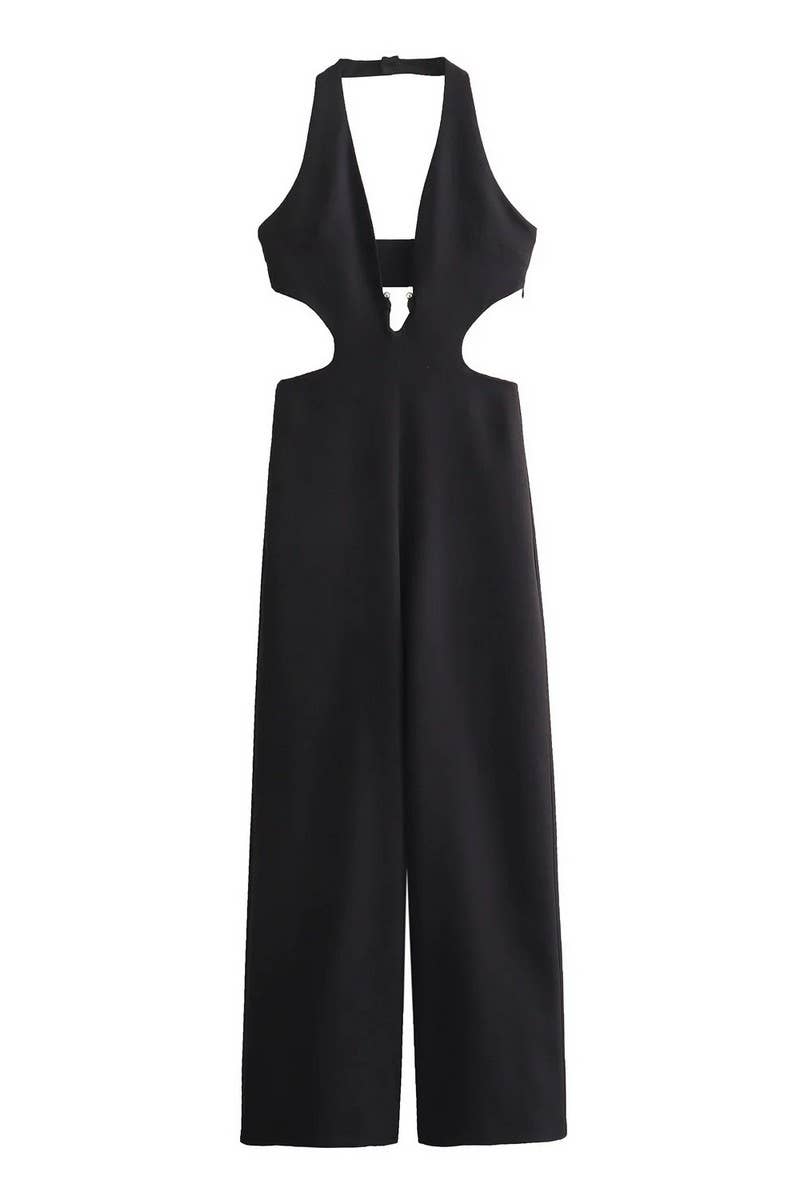 CWSJS1262_SOLID COLOR HALTER NECK BACKLESS LONG JUMPSUIT