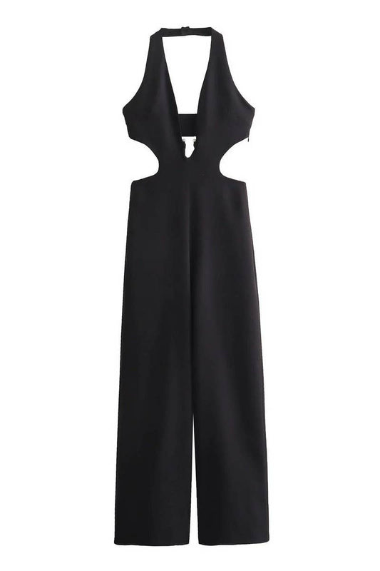 CWSJS1262_SOLID COLOR HALTER NECK BACKLESS LONG JUMPSUIT