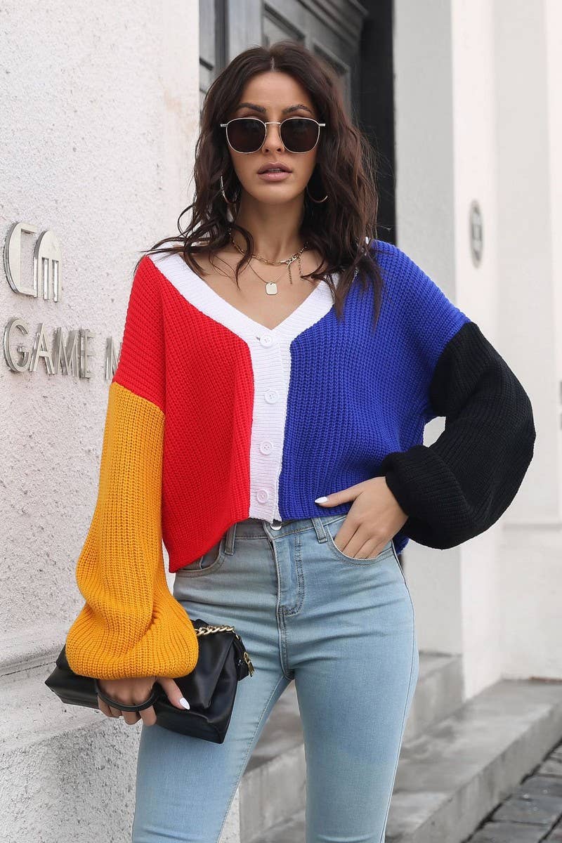 CWOCAL1225_CONTRAST COLOR LONG SLEEVE SHORT KNIT CARDIGAN