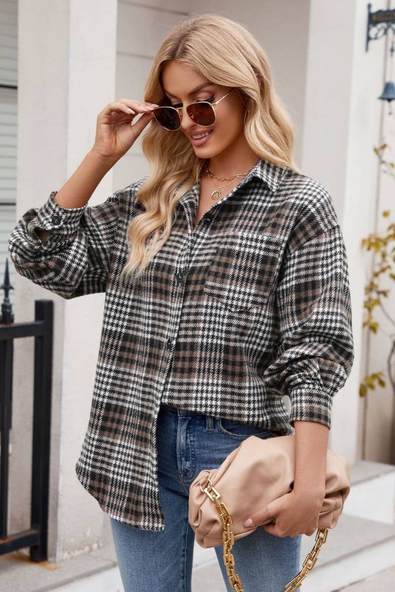 CWTSTL1719_AUTUMN PLAID FLANNEL LONG-SLEEVED WOOLEN SHIRT