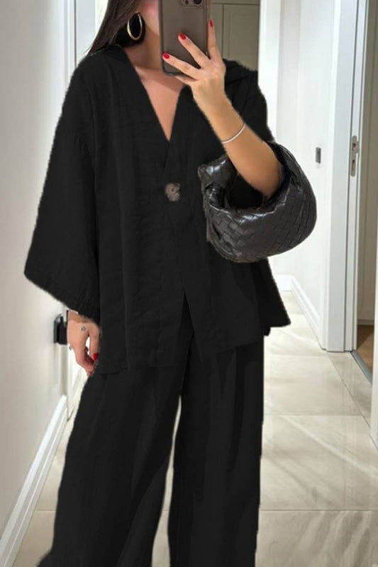 CWSS01311_V-NECK LOOSE TOP AND WIDE-LEG PANTS CASUAL SUIT