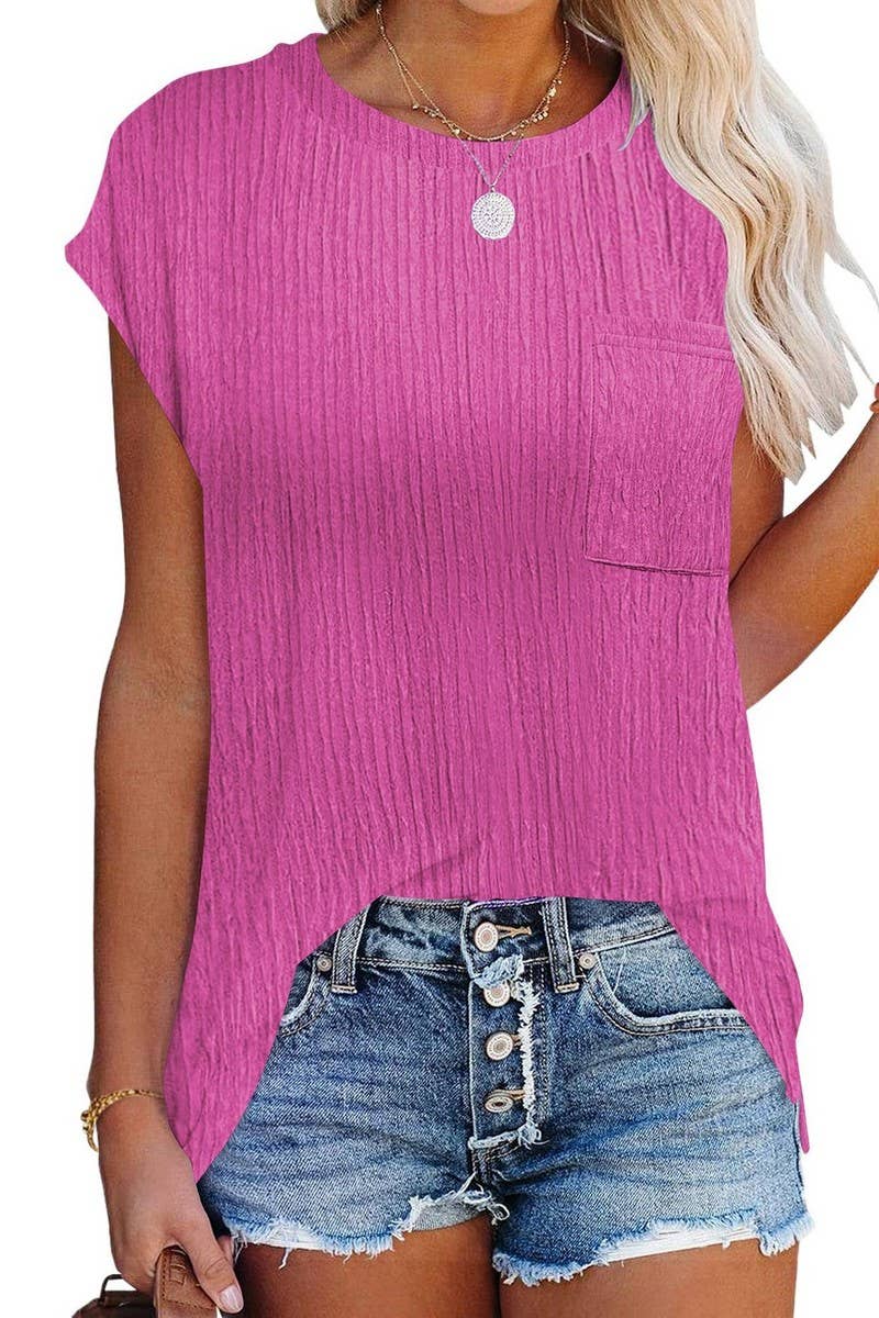 CWTBLS1603_ROUND NECK SOLID COLOR POCKET SHORT SLEEVE TOP