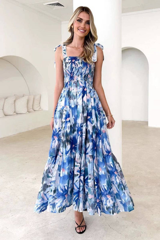 CWDMD5611_SPAGHETTI STRAP FLORAL SMOCKED WAIST MAXI DRESS
