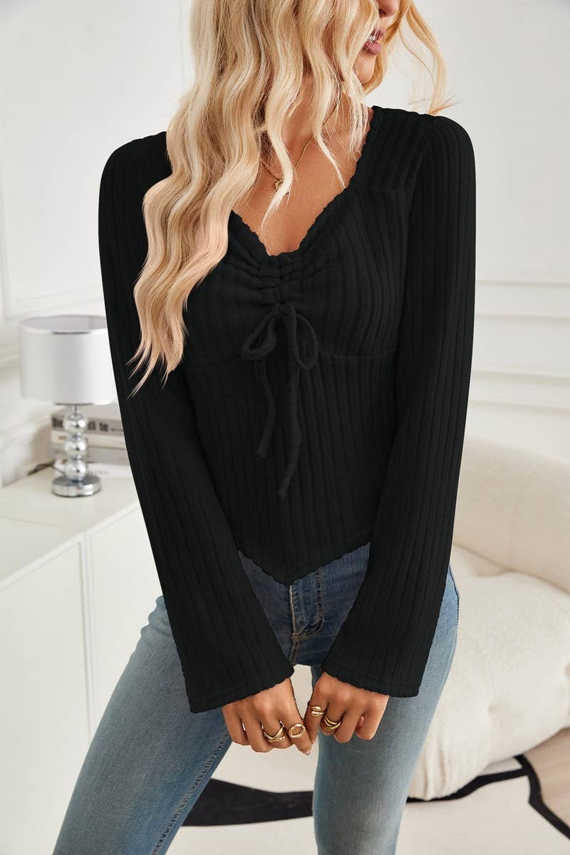 CWTBLL3196_PLEATED LONG-SLEEVED CROPPED TOP T-SHIRT