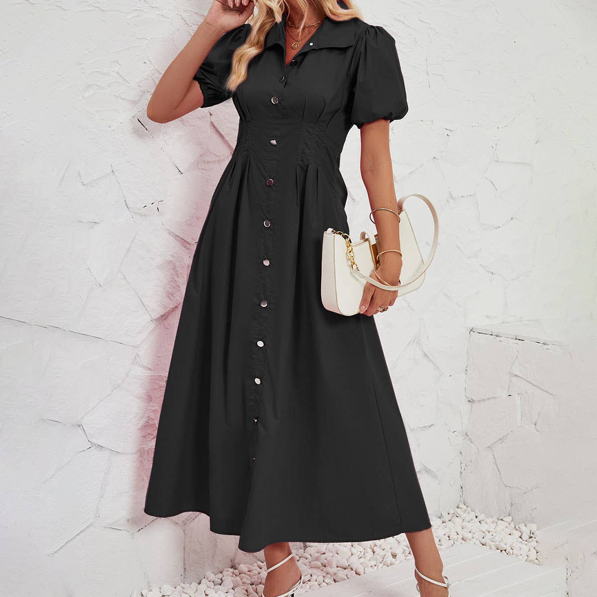 Button-down waist cotton shirt dress
