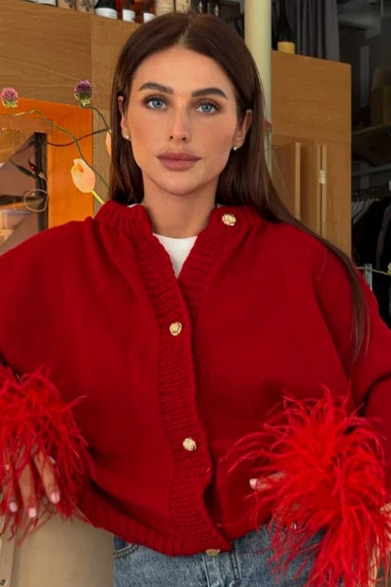 CWOCAL2196_FUR CUFFS CARDIGAN KNITTED SWEATER COAT