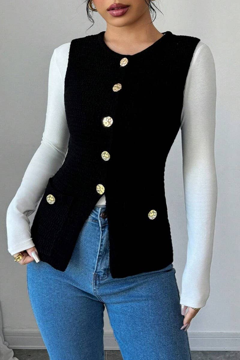 CWOCASL0045_SOLID COLOR SLEEVELESS BUTTON VEST CARDIGAN