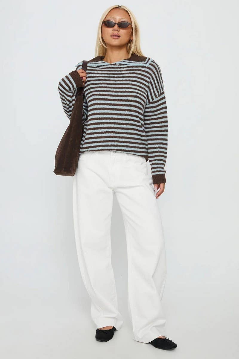 CWOSWL07753_2025 CASUAL STRIPED CREWNECK LOOSE KNIT SWEATER